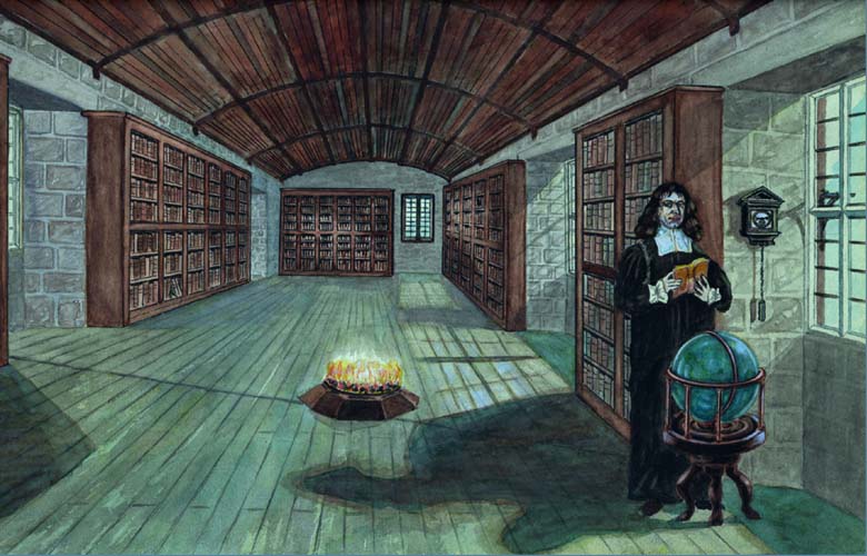 Artist's impression of the mathematician and astronomer, James Gregory, working in the Upper Hall (now the King James Library) at the University of St Andrews. Copyright University of St Andrews